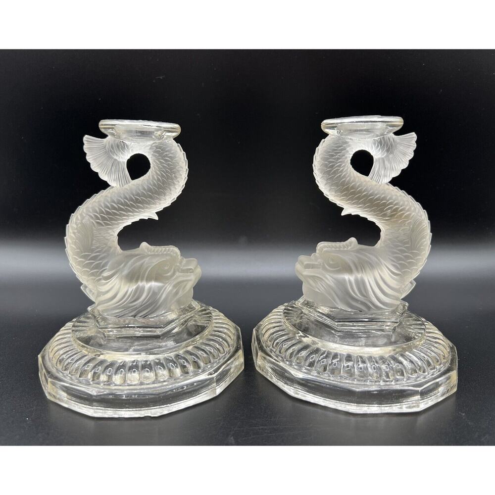 Satin Frosted & Clear 6” Glass Dolphin Koi Fish Taper Candle Holders x2